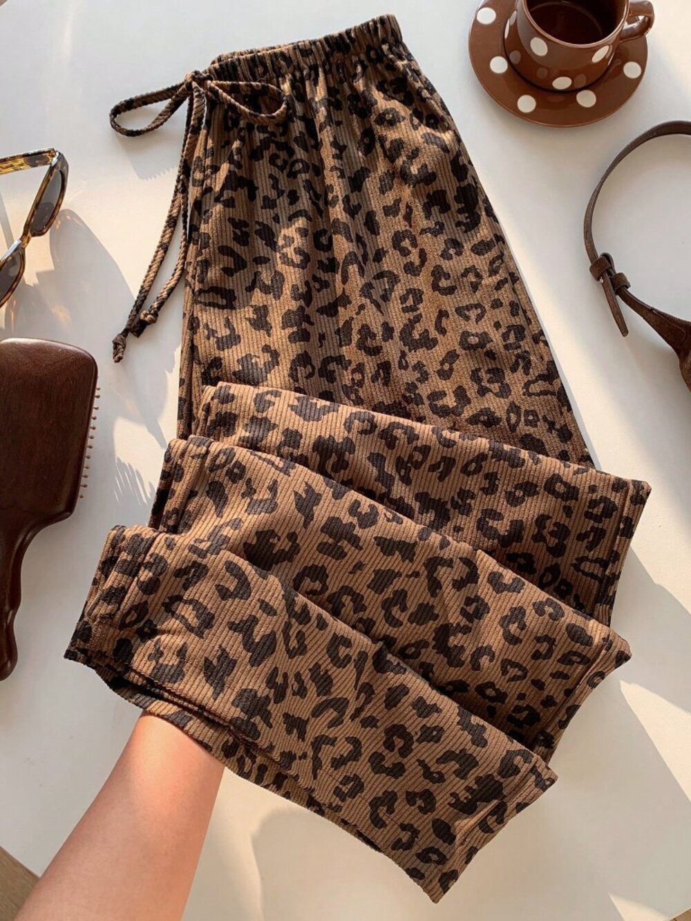 Brown Casual Women's Leopard Print Drawstring Waist Loose Pants